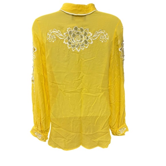 Bob Mackie Yellow Silk Embroidered Cutout Long Sleeve Button Up Shirt Top XS - Picture 2 of 9